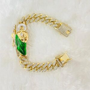 Gold-Tone Cuban Link Saint Pendant Bracelet with Green Enamel